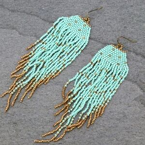 NWT Turquoise and Gold Beaded Western Boho Fringe Earrings